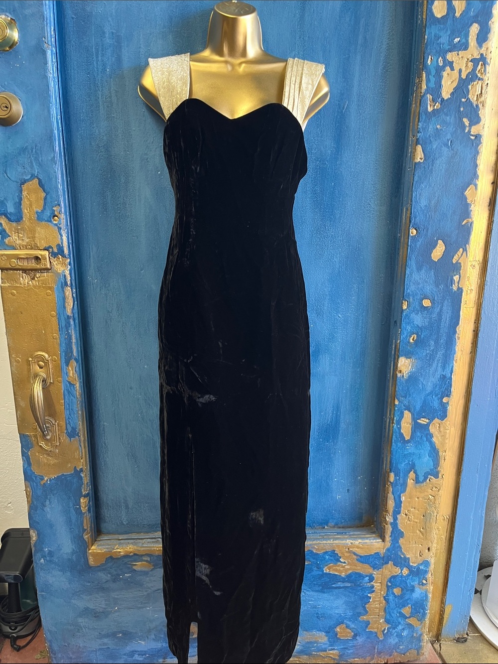 Source Unknown Black Velvet Maxi Dress with Gold Straps